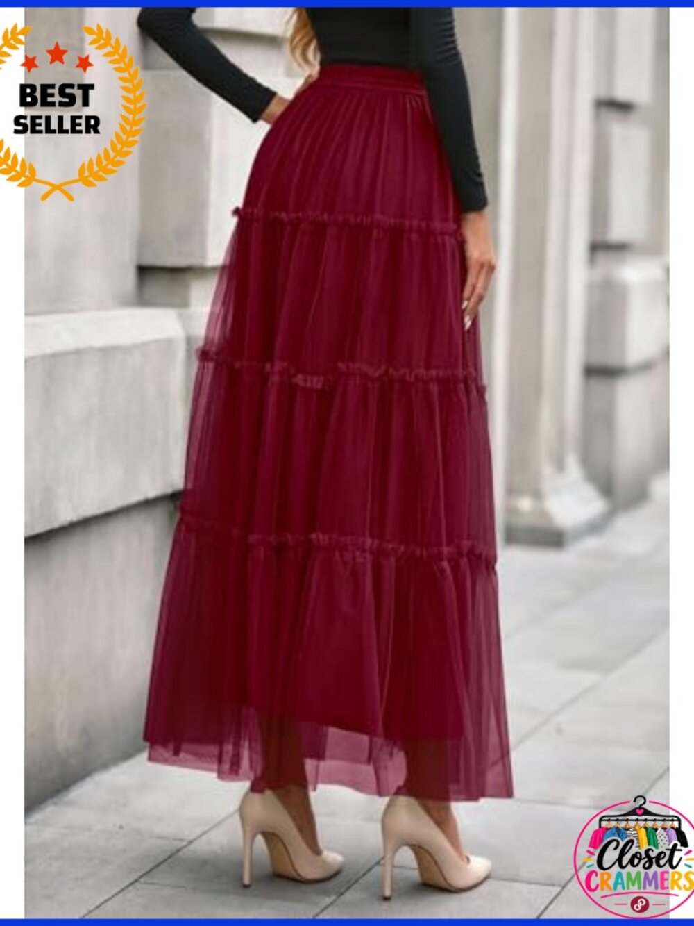 PRETTYGARDEN Women's Tulle Tiered Long A-Line Maxi Skirt High Waist - Picture 5 of 6